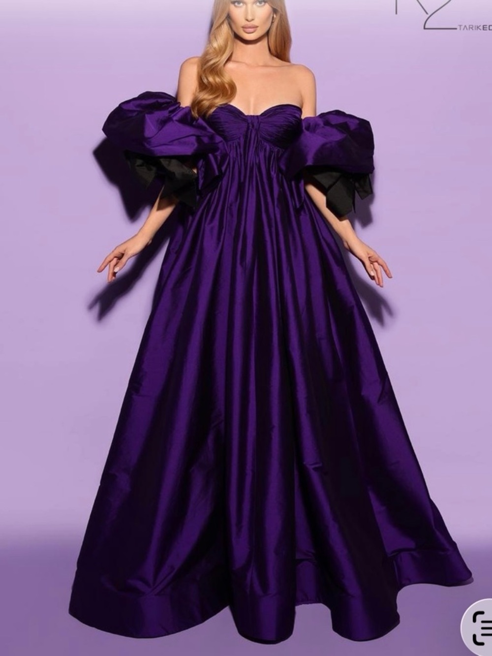 Tarik Ediz Strapless Purple Ball Gown with Puff Sleeves